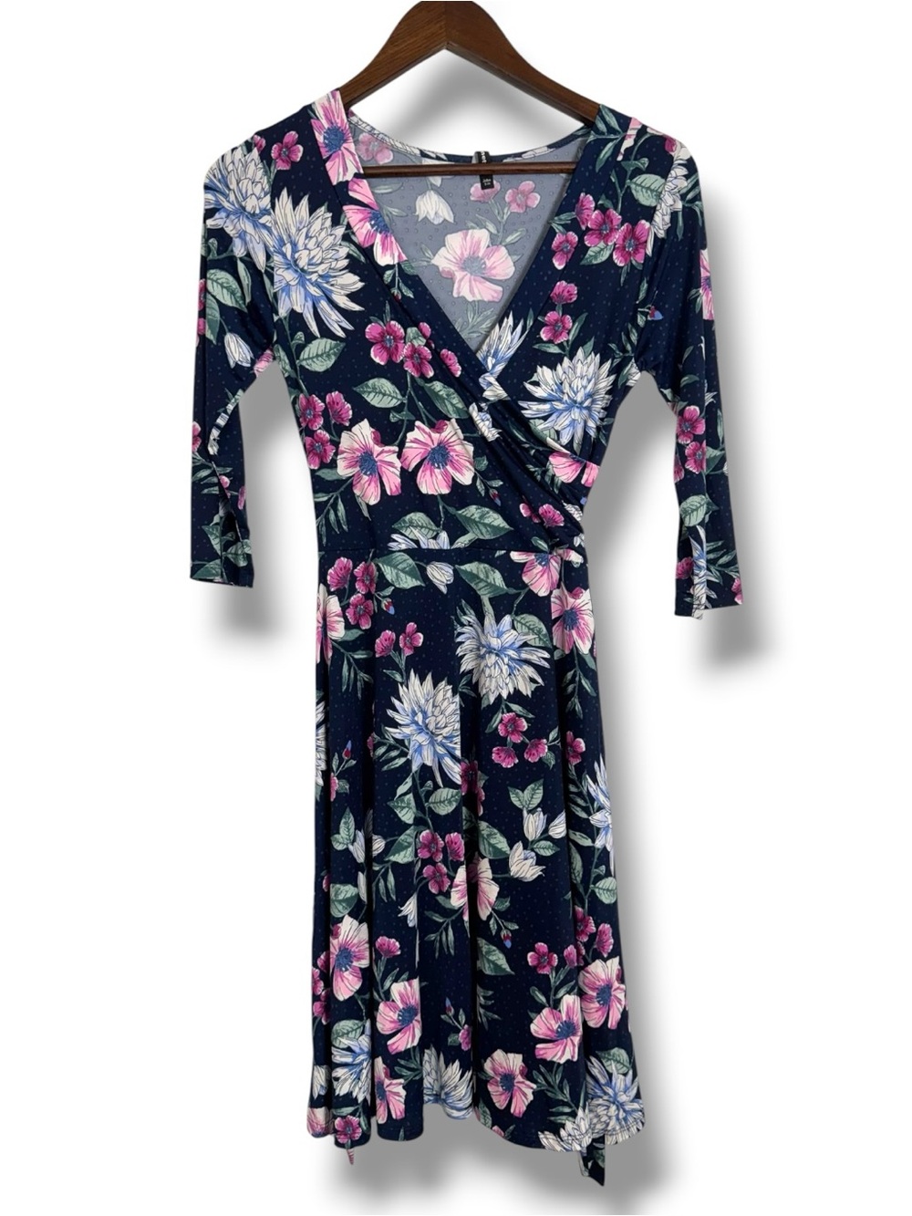 Janette Navy Floral Faux Wrap Tie Waist Dress 3/4 Sleeve Stretch Small